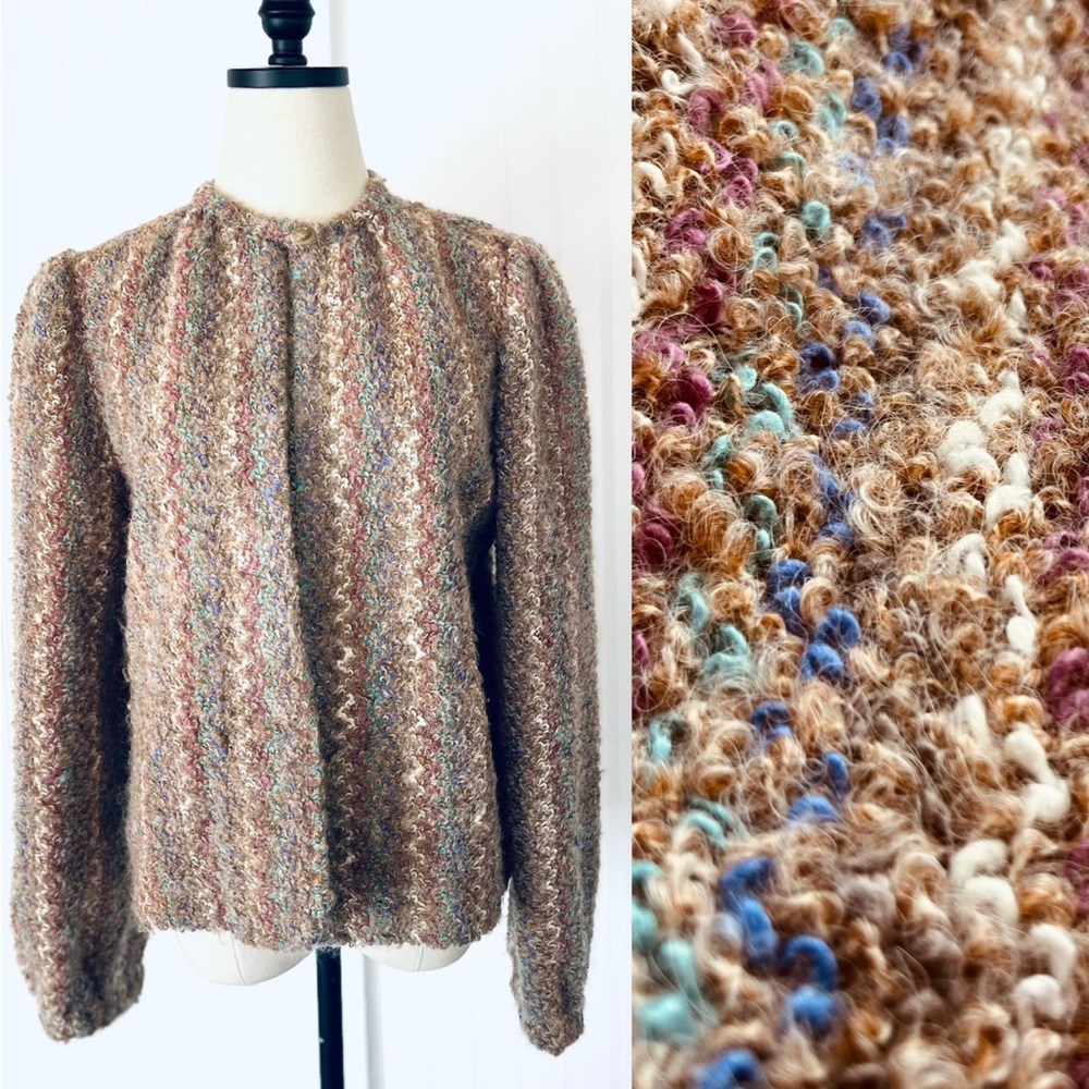 Vintage Fuzzy Lambswool Sweater Open Jacket Cardigan Size 10 Colorful Stripe Med